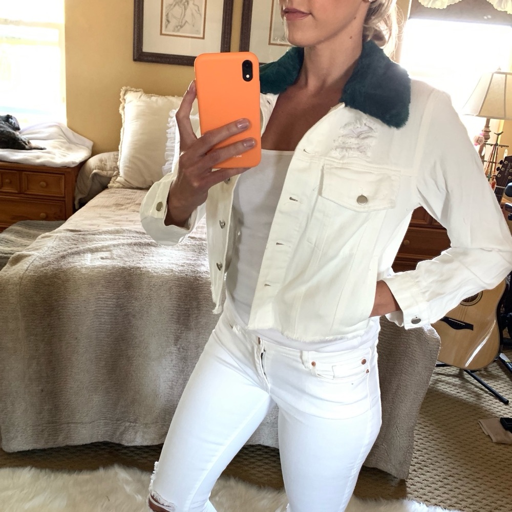 Green Faux Fur White Jean Jacket